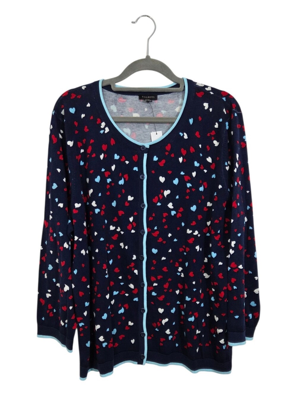 NWT Talbots Heart Print Charming Cardigan Navy Blue Red Size XL Lightweight